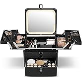 Qislee Makeup Box with Drawer and Four Trays, A Detachable Lighted Mirror, Waterproof Travel Train Case, Cosmetic Organizer and Makeup Suitcase with Magnetic LED Mirror(Black)