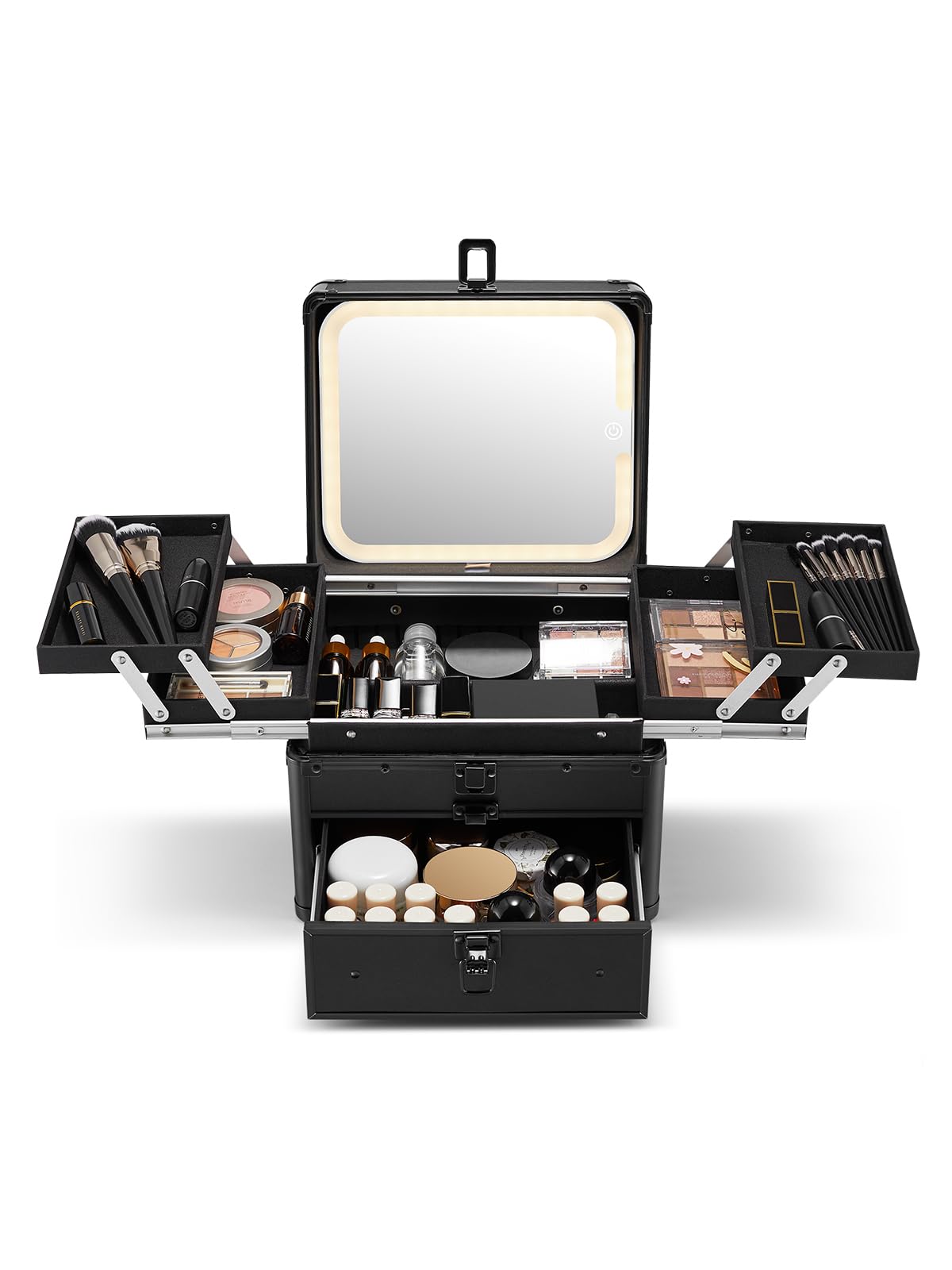 Photo 1 of ***** factory sealed******Qislee Makeup Box with Drawer and Four Trays, A Detachable Lighted Mirror, Waterproof Travel Train Case, Cosmetic Organizer and Makeup Suitcase with Magnetic LED Mirror(Black)