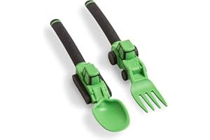 Dinneractive Utensil Set for Kids – Construction Themed Toddler Forks and Spoons, Toddler Utensils – 2-Piece Set – Green Construction Utensils For Toddlers - Loader & Tractor Toddler Spoons and Forks