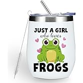 Cute Funny 12 oz Tumbler, Wine Tumbler Insulated Wine Glass with Lid, Frog Gifts for Girls Women Sister Daughter Animal Lovers, Frog Supplies Accessories Friendship Appreciation Christmas Birthday