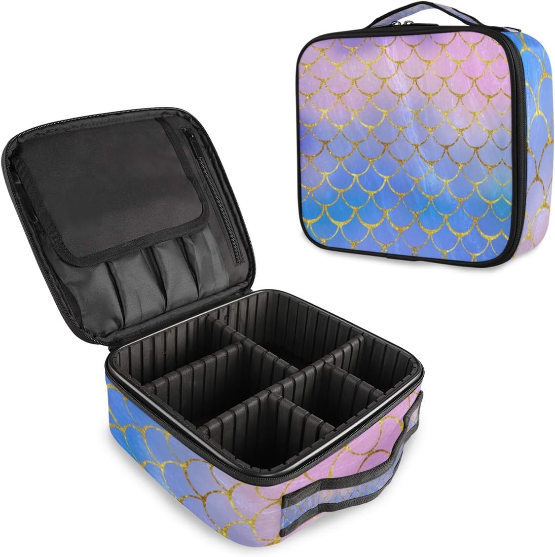 Purple Mermaid Makeup Case Pink Fish Scales Storage Boxes Makeup Bag Hairdressing Tools Organiser with Dividers Large Capacity Travel Vanity Beauty Cosmetic Case for Teen Girl Women