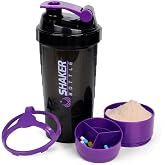XTK Shaker Bottle Protein Shaker Bottles with Storage and Mix Ball, 16OZ Sports Water Bottle with Pill Organizer,Leak Proof Portable Shaker Bottles for Protein Mixes and Pre Work Out,BPA Free(purple)