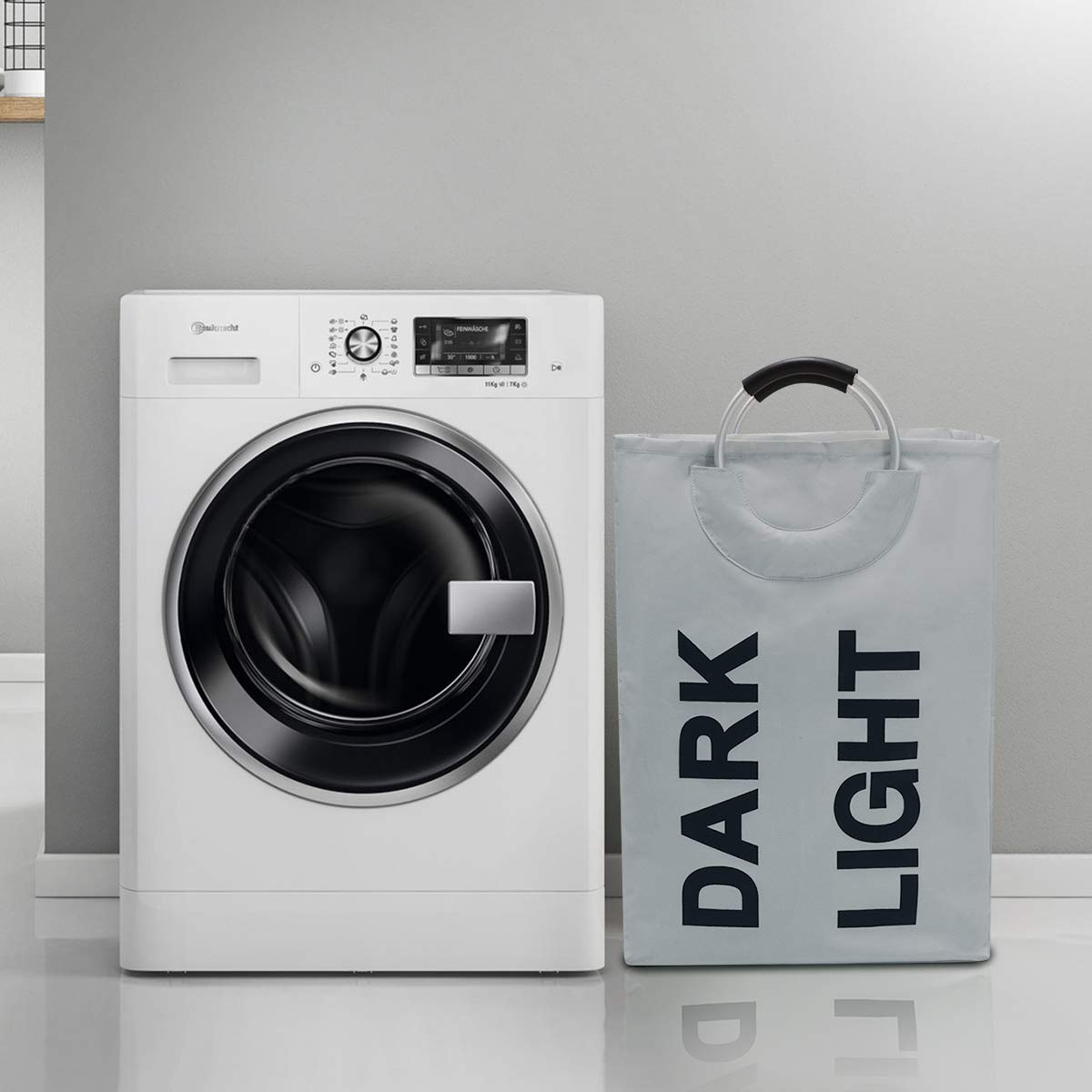 WISHPOOL Double Large Foldable Laundry Hamper Divided Handy Stand Collapsible Laundry Basket Waterproof Bag Bin Organizer Storage Corner with Handles (Dark Grey) …