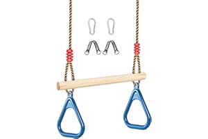 LadyRosian Wooden Trapeze Swing Bar, Adjustable Height Swing Set, Gym Rings, Playground Attachments, 16.5" Monkey Bar for Backyard, Playground, Playroom (Blue)