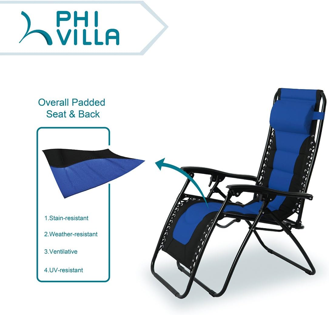 PHI VILLA Padded Zero Gravity Lounge Chair Patio Foldable Adjustable Reclining with Cup Holder for Outdoor Yard Porch Blue : Garden & Outdoor
