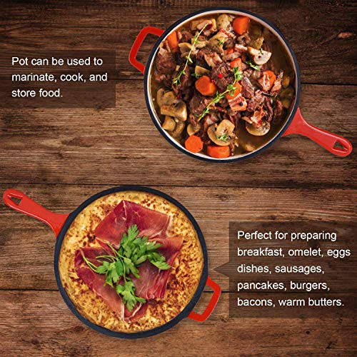 Enameled 2-In-1 Cast Iron Multi-Cooker - Heavy Duty 3.2 Quart Skillet and Lid Set, Cast Iron Saucepan and Shallow Skillet Lid Set Sauce Pot & Nonstick Frying Pan (Red)