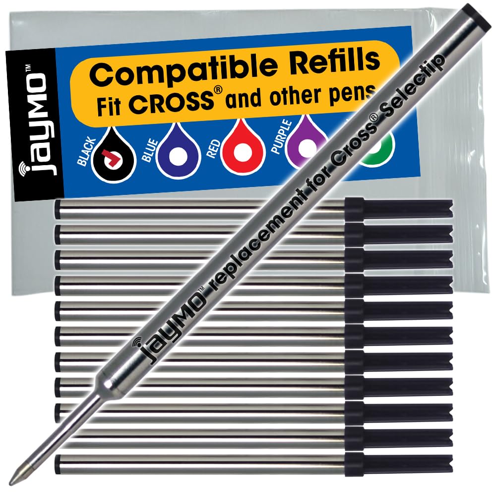 Jaymo Replacement for Cross Selectip 8523 - Measures 4.375 in / 111 mm Long - Gel Rolling Ball Pen Refill - 12 Black