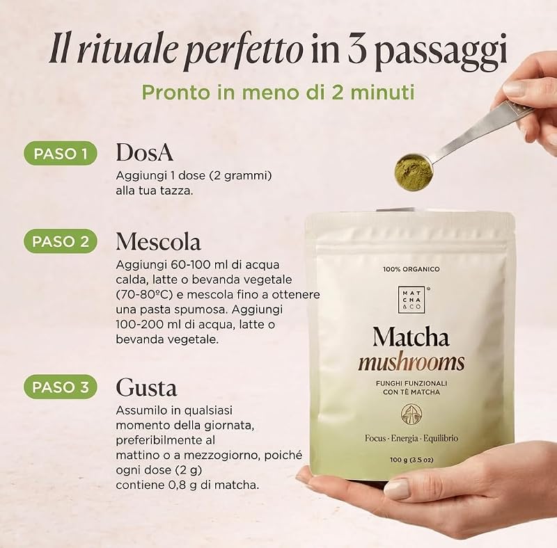 - Matcha Mushrooms Bio (100g) – Tè Matcha Cerimoniale del Giappone con 6 Funghi Funzionali (Criniera di Leone, Reishi, Chaga, Cordyceps, Shiitake, Maitake) – Focus · Energy · Balance