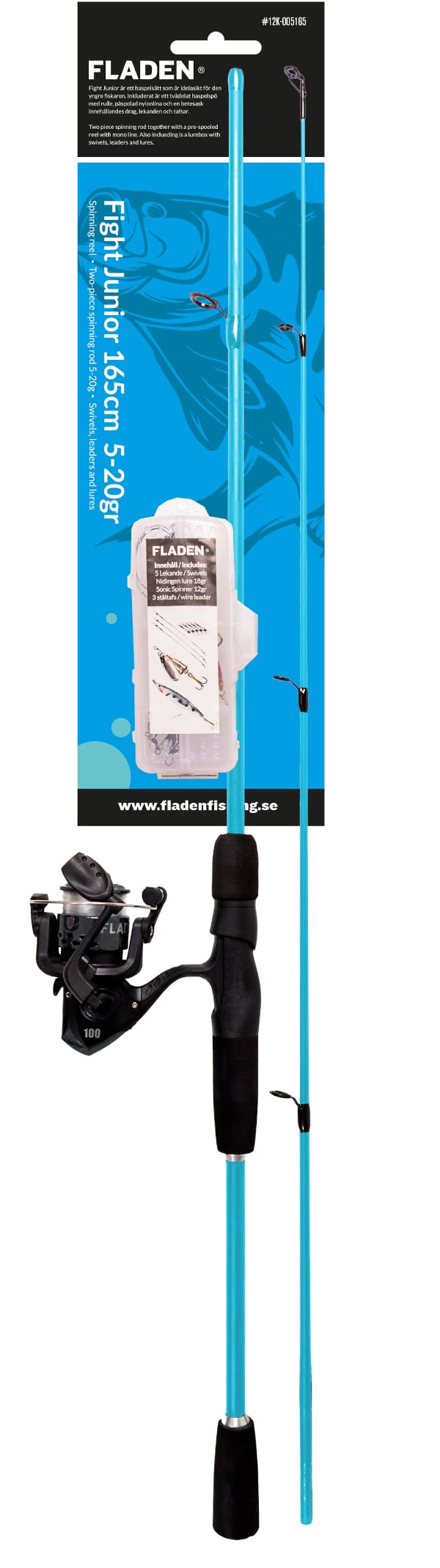 FLADEN Fishing - 2 Piece 1.65m Junior Fight Lure Rod and Reel Line Combo Starter Set 5-20g cw Tackle Box with Swivels Traces Spinner & Spoon Lure (Blue) [12K-005165T]