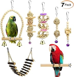 KATUMO 7 pcs Bird Parrot Toys, Natural Wood Bird Swing Climbing Chewing Standing Hanging Perch Hammock Rope Ladder Bell Bird Cage Toys for Parrots, Parakeet, Conure, Cockatiel, Mynah, Love Birds