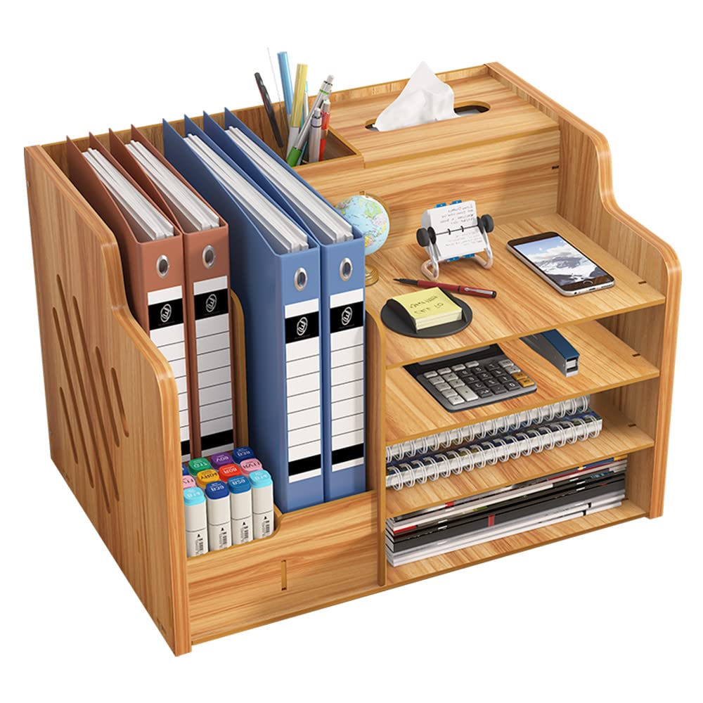Hggzeg Updated Wooden Desk Organiser, Large Capacity Desk Tidy Storage Holder Sorter DIY Office Supplies Storage Box for A4 Papers, Books, Document and Notebook (JB07 Cherry Wood)