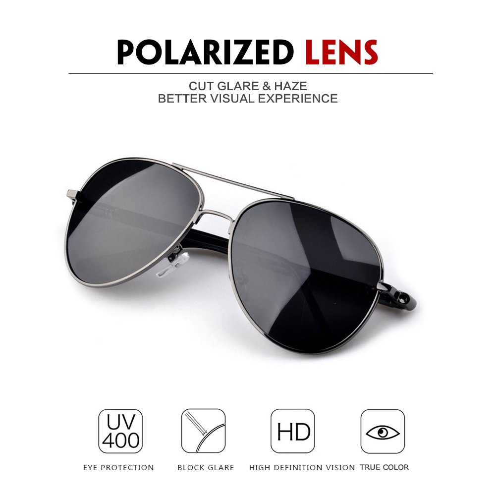 IALUKU Classic Aviator Polarized Sunglasses Pilot Cylindrical Temple UV400 Lens (Grey / Grey, 57)