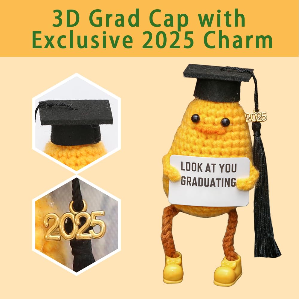 Ranvaira Funny Graduation Gifts Class of 2025, Positive Crochet Duck with Cap and Greeting Card, Handmade Emotional Support Plush College Graduation Gifts Set for Her Him