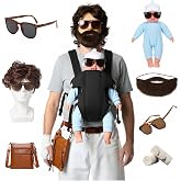 Funny Halloween Costumes for Men, Hangover Costume Accessory Set Adult | Contain Wig and Beard, 2*Leopard Print Eyewear (a Foldable), Costume Doll with Doll Carrier, Bandage, Brown Crossbody Bag