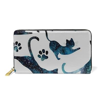 Blocking Real Leather Zip Cat Astronaut Outer Space Spacewalk Earth Universe Wallet Clutch Large Travel Purse Wristlet