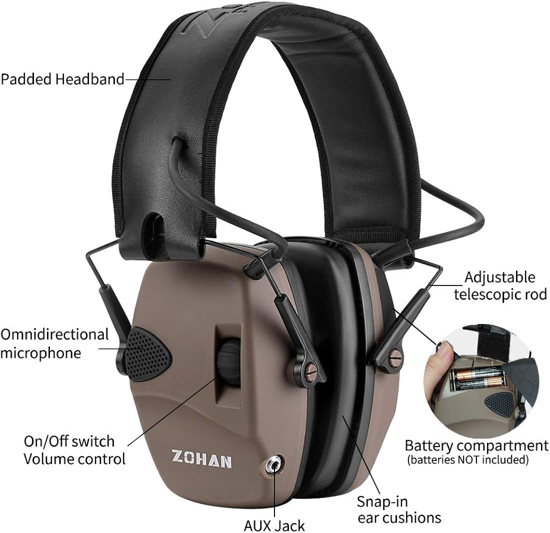 ZOHAN EM054 Electronic Shooting Ear Protection with Case, Noise Reduction Sound Amplification Safety Ear Muffs for Gun Range-Tan : Clothing