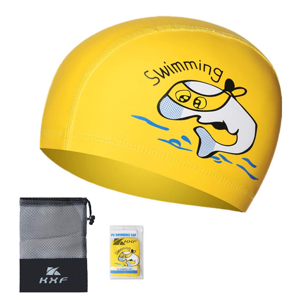 Kids Swimming Cap, KXF Swimming Hats Waterproof PU Bathing Cap Care Ear Protection Elastic Swim hat with Coating Cartoon Pattern for Children Kids Boys Girls Age 6-10