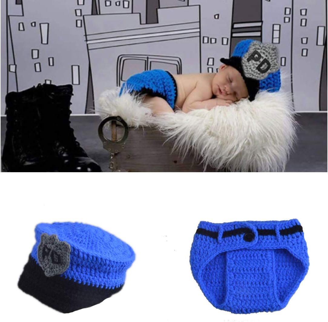 LERORO Newborn Baby Handmade Crochet Knitting Costume Infant Photography Prop Police Hat Diaper Pants Suit for Baby Boy and Girl (0-12 Months)