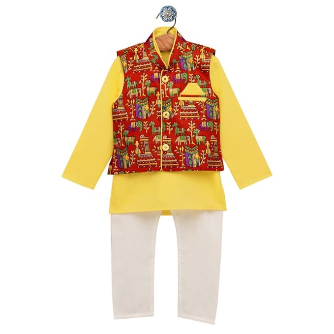 BownBee By Hopscotch Boys Blended Cotton & Banglori Satin Kurta Pajama With Printed Waistcoat in Yellow Color