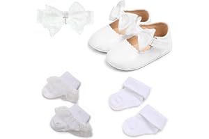 TJCONETJC Baby Girl Baptism Dressup Accessories White Christening Socks Shoes Headband Outfits Christening Baptism Gift 4 Pcs