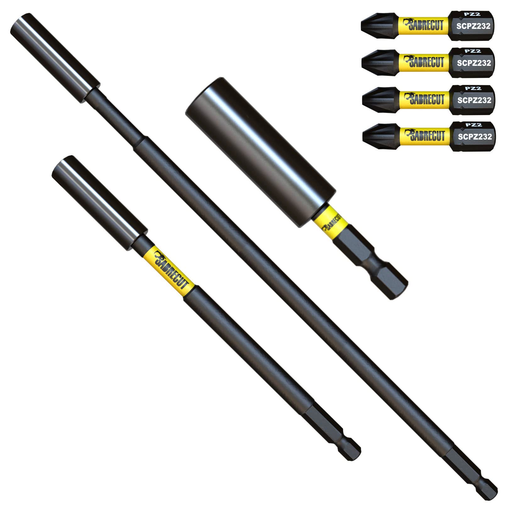 7 Piece SabreCut SCRK7 Magnetic 60mm 152mm and 305mm Professional Impact Bit Holders with 4 x 32mm PZ2 Screwdriver Impact Bits