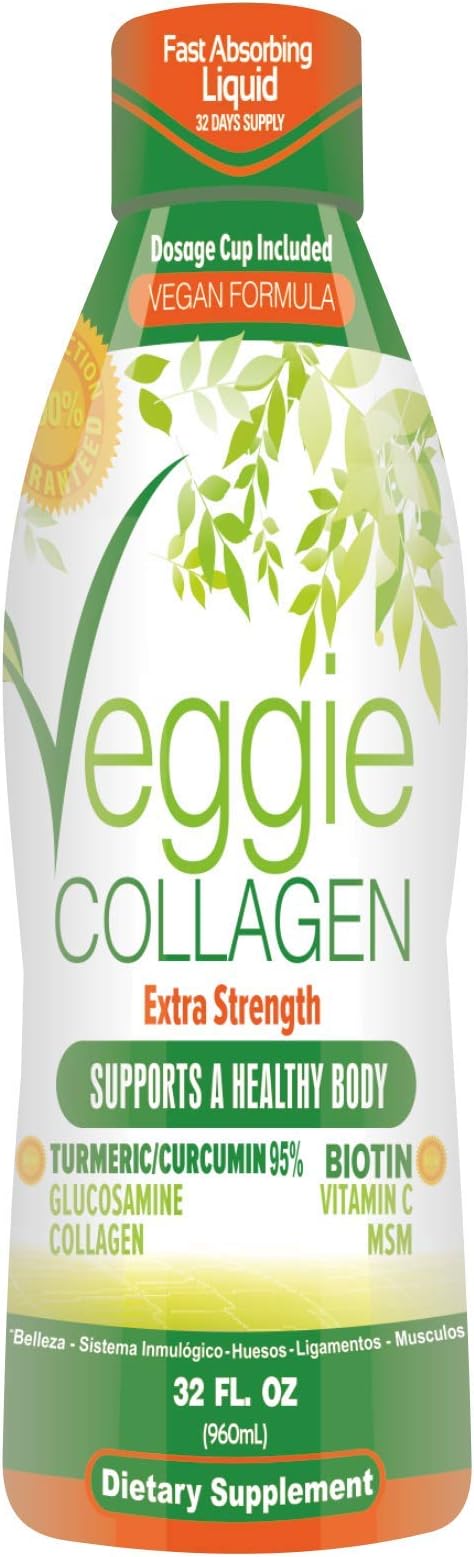 Veggie Collagen Liquid Drink Colágeno Vegetal - Vegan Collagen Builder for Anti-Aging, Healthy Skin & Hair, Strong Joints, Bones & Nails - Collagen Protein Biotin - 32 oz