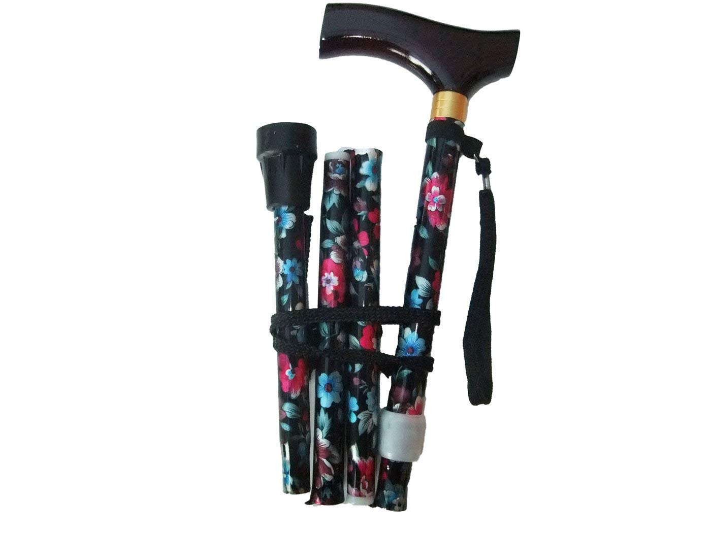 Flower Folding Walking Stick Height Adjustable with wrist strap and Extra Free rubber ferrule (blk/pink)