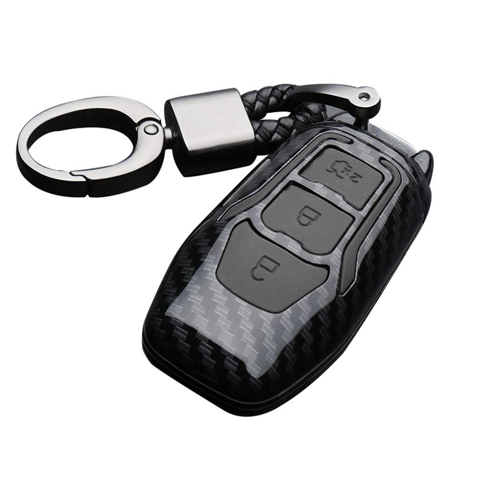 Happyit ABS Carbon Fiber Shell+Silicone Car Key Cover Case Keychain for Ford Focus Mondeo Edge Fiesta Kuga Mondeo MK4 Fusion Escort Ecosport (A carbon fiber + black)