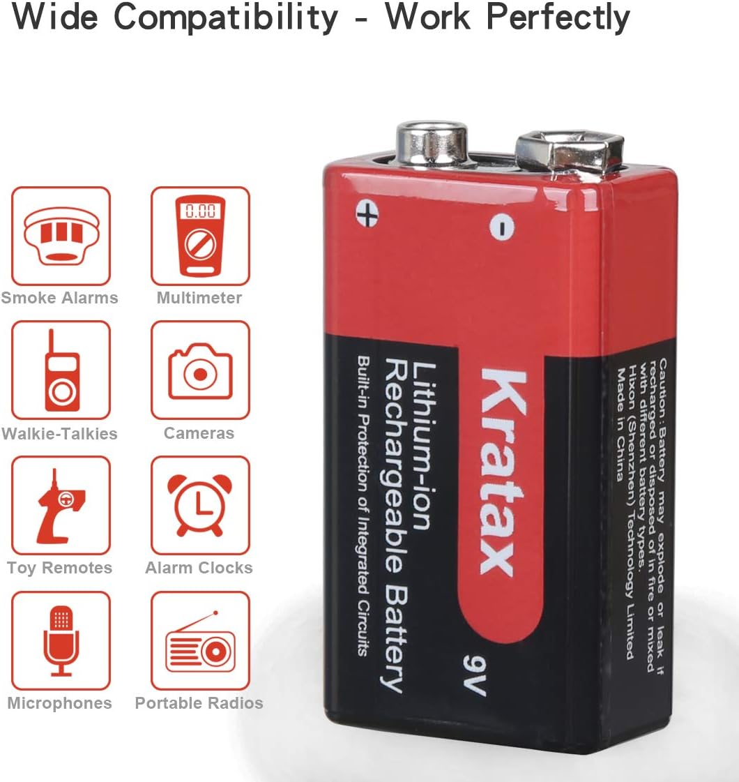 9V Rechargeable Li-ion Battery,Kratax 850mAh 9V Battery Rechargeable,2 Pack 9V Batteries with Protection Board for Smoke Detector Alarm,Fire Alarm,Multimeter,Radio Microphone,Kids Toys Battery - Image 4