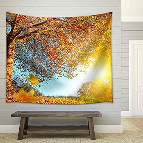 Golden Autumn Scenery with a Nice Tree, Falling Leaves, Clear Blue Sky and The Sun Shining Warmly - Fabric Wall Tapestry Home Decor - 51x60 inches