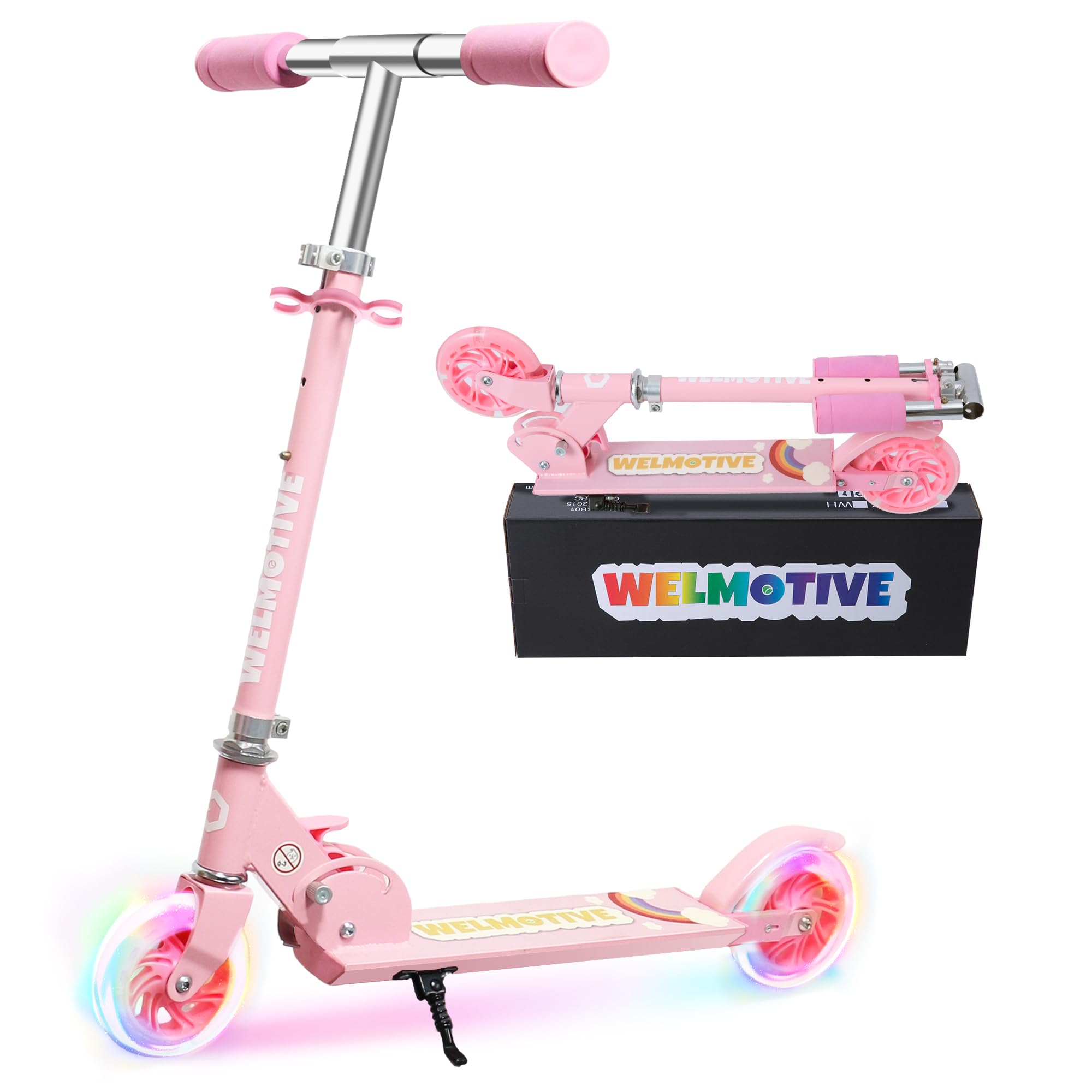 Kick Scooter for 3+Years Old Boys & Girls Lightweight, Foldable, Aluminum Frame, and Adjustable Handlebars, Rear Brake, and Flashing Light up Wheels (Pink)