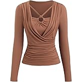 SweatyRocks Women's Ruched Wrap Draped Fitted T Shirts Long Sleeve Going Out Fitted Tops