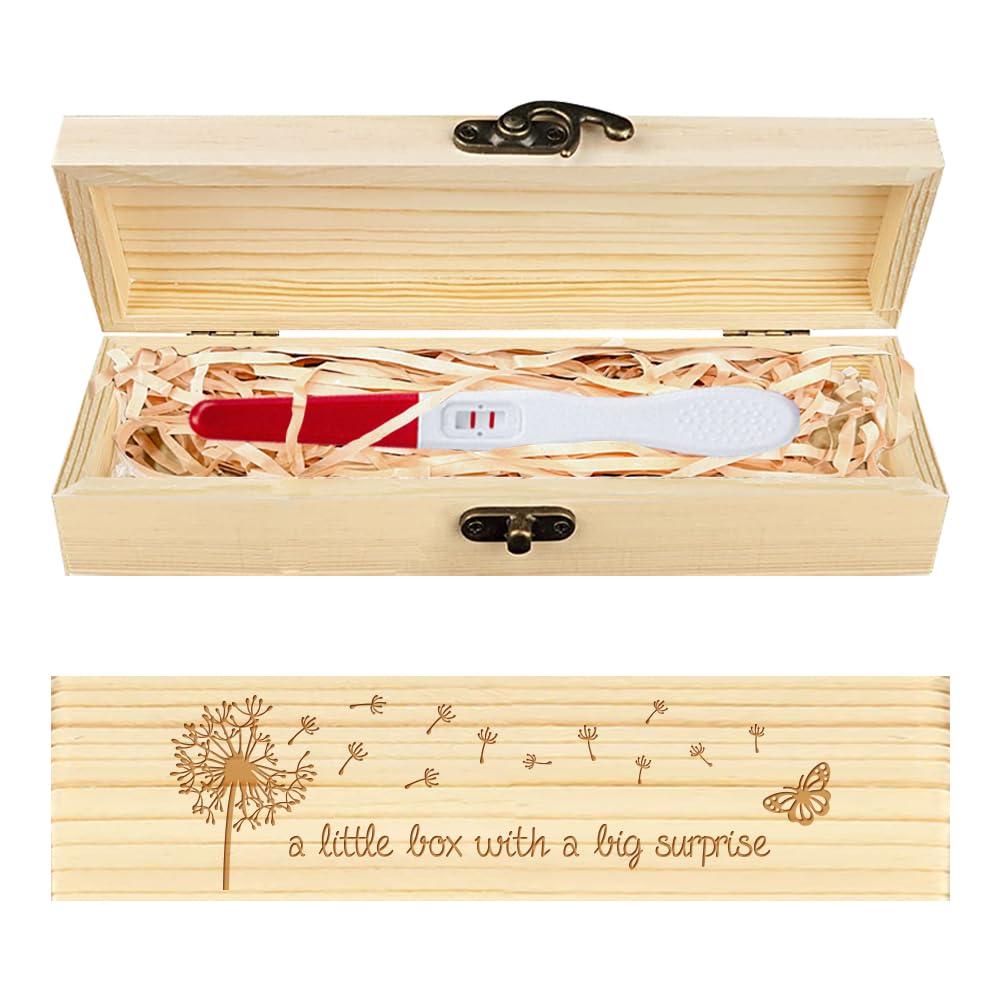 CHGCRAFT Pregnancy Test Keepsake Box Butterfly Spring Dandelion Wooden Pregnancy Announcement Gifts with Raffia Ribbon and Lock Keepsake, 8x2x1.2inch