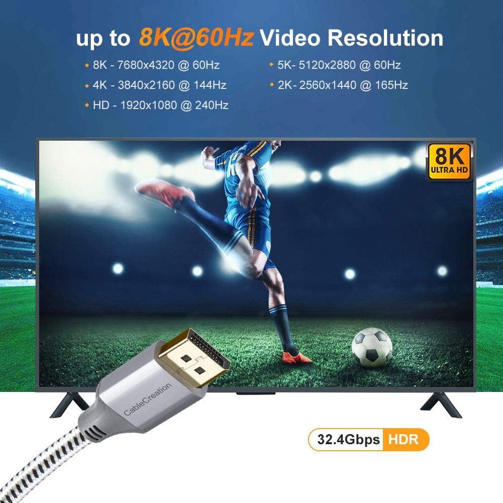 CableCreation 8K DisplayPort Cable 1.4, DisplayPort to DisplayPort Cable 6.6ft (DP to DP Cable) Gold Plated with 8K@60Hz, 4K@144Hz, 2K@165Hz Video Resolution & HDR Support, 2M/ Space Gray: Industrial & Scientific