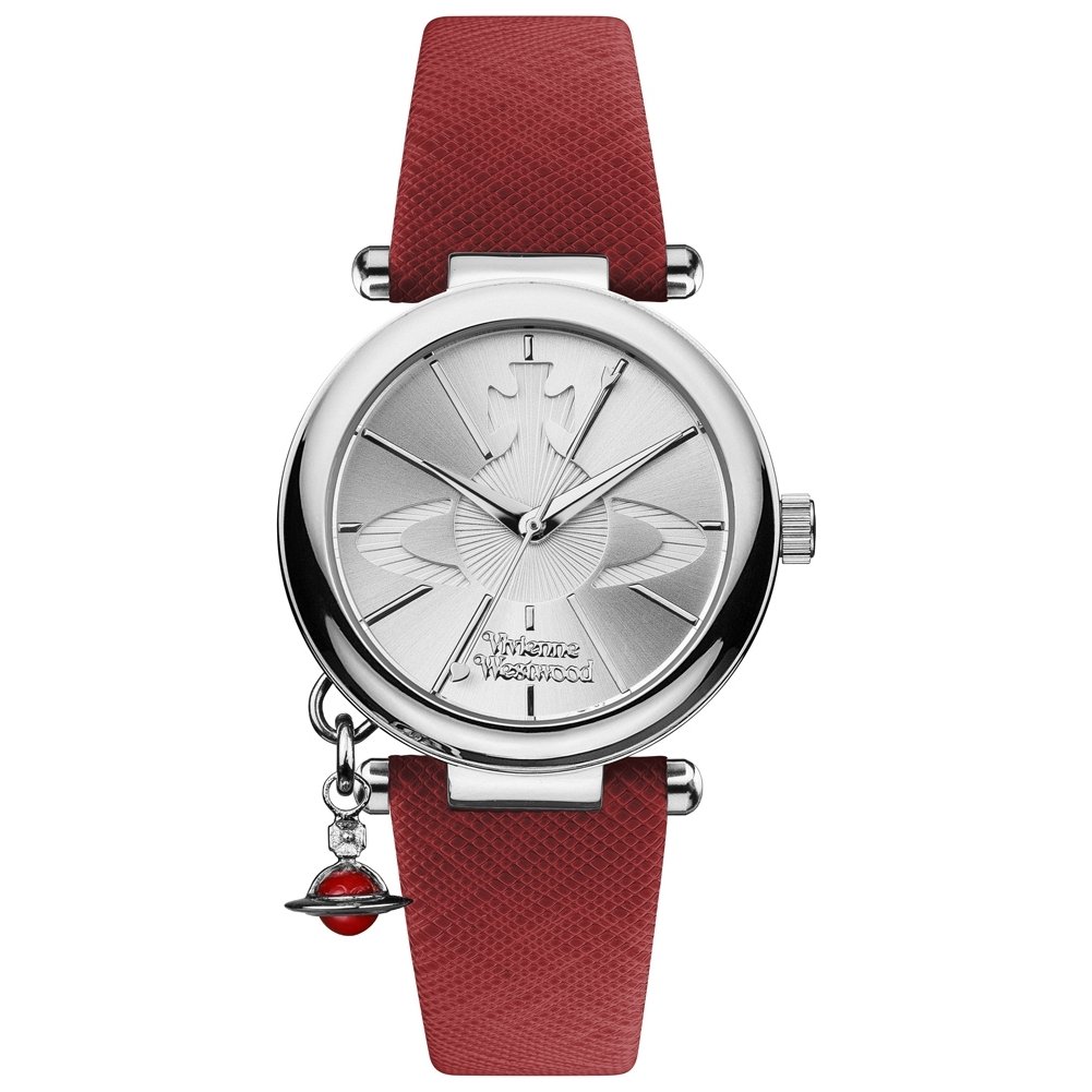Vivienne Westwood ORB Pop Women's Quartz Watch with Silver Dial Analogue Display and Red Leather Strap VV006SSRD