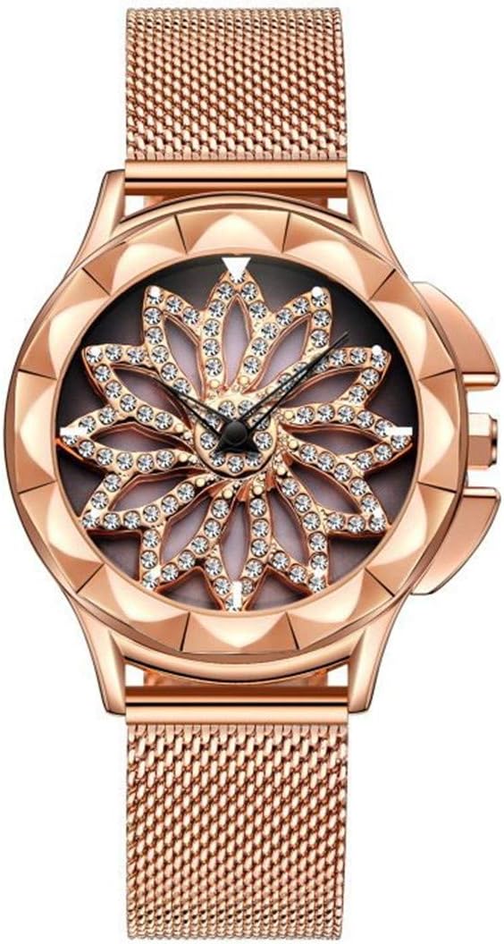 Watches for Women Diamond Luxury Rotating Flower Dial Designer Stainless Steel Mesh Belt Rose Gold Watch