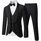 YND Men's 3 Piece Slim Fit Tuxedo Suit Set, One Button Shawl Lapel Solid Blazer, Jacket Vest Pants with Bow Tie