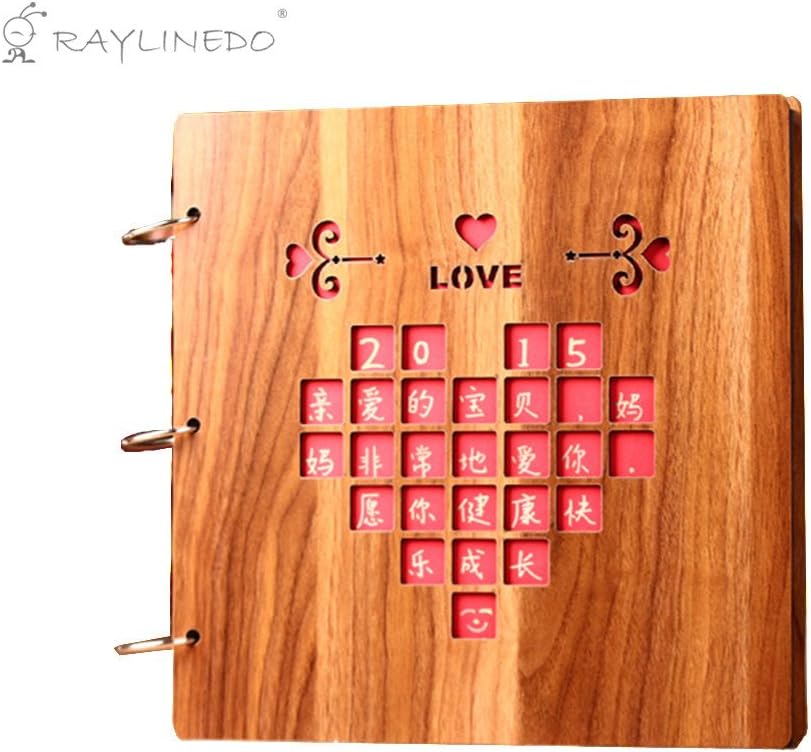 RayLineDo 16" Quality Wooden Covered Carving Personalized DIY Photo Album Wood Made Ring Binder Book Style Picture Photo Scrapbook for Wedding Baby Anniversary Happy Memory - 30 Sheets (60Pages)