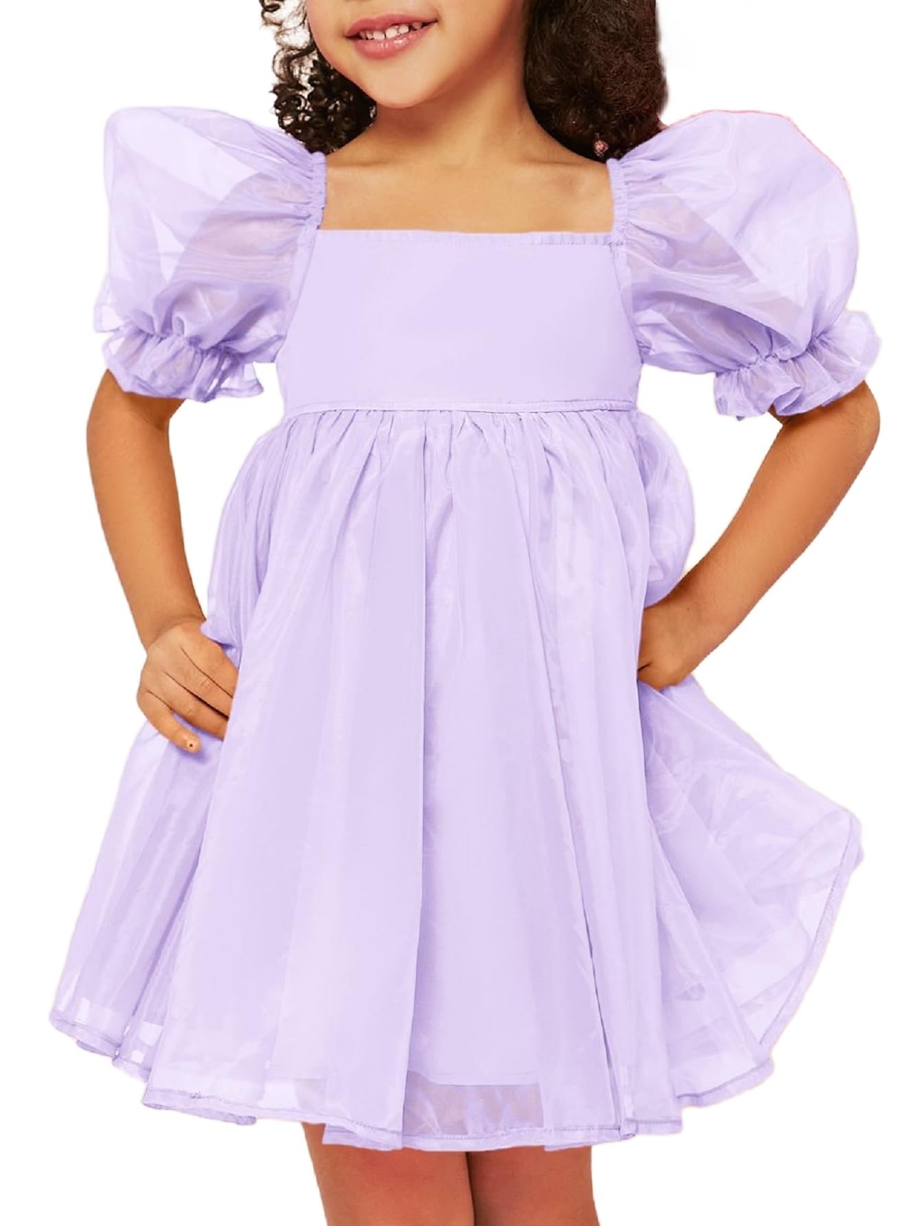 Photo 1 of WDIRARA Toddler Girl's Mesh Tulle Dress Square Neck Puff Short Sleeve Ruffle Hem Birthday Party Cute A Line Midi Dress Purple 4Y