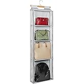 Syeeiex Hanging Handbag Purse Organizer with Zippers, Clear Slubbed Fabric+PVC Hanging Closet Bag Organizer, 4 Mesh Shelves,Dustproof Handbag Closet Tote Storage Bag for Door, Wardrobe, Shelf Rack