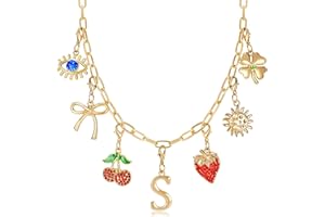 NEKOL Initial Charm Necklace for Women, Evil Eye Four-Leaf Clover Sun Bow Cherry Strawberry Removable Charms Necklace Paper Clip Chain Choker, Trendy Jewelry Birthday Christmas Gifts for Her