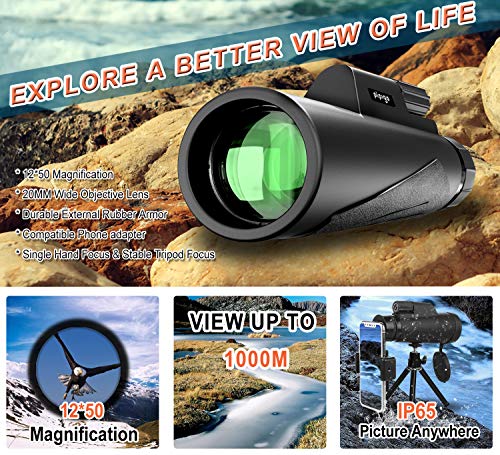 Monocular Telescope 12X50 High Power BAK4 Prism FMC Monocular with Smartphone Adaptor Tripod Waterproof Fog-Proof Shockproof Scope Carry Bag Compact for Adult Bird Watching Camping Hiking Hunting