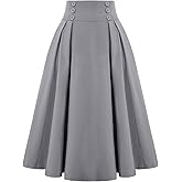 Belle Poque Women's Vintage High Waist Pleated Midi A-Line Skirt with Pockets