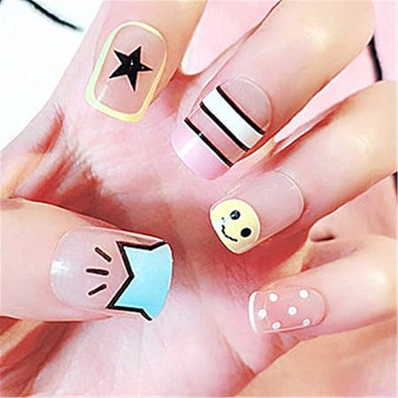 Amazon Bloomingboom 24枚 セッ12別サイズ ト 手作りネイルチップ 3d デコレーション ネイルジュエリー つけ爪 ョン 24枚入 フルチップ シンプル 両面接着テープ付き 結婚式 スクエア 短 ナチュラル夏漫画星ストライプソフトホワイト Bloomingboom ネイルチップ 通販