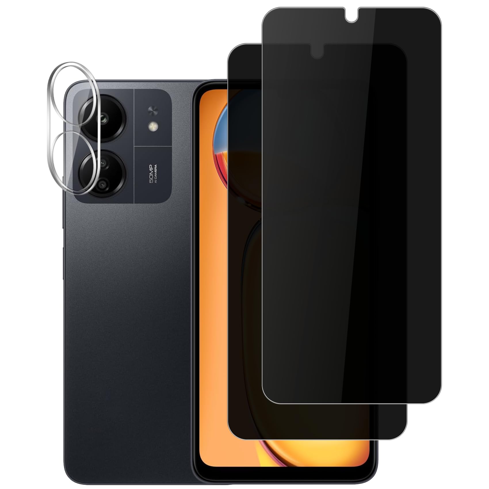 Vsjnk Privacy Screen Protector Compatible with Xiaomi Redmi 13C 4G/Poco C65 Tempered Glass, 2 Pieces Screen Protector, 1 Piece Anti-Scratch Camera Protective Film, 9H Hardness Anti Bubbles