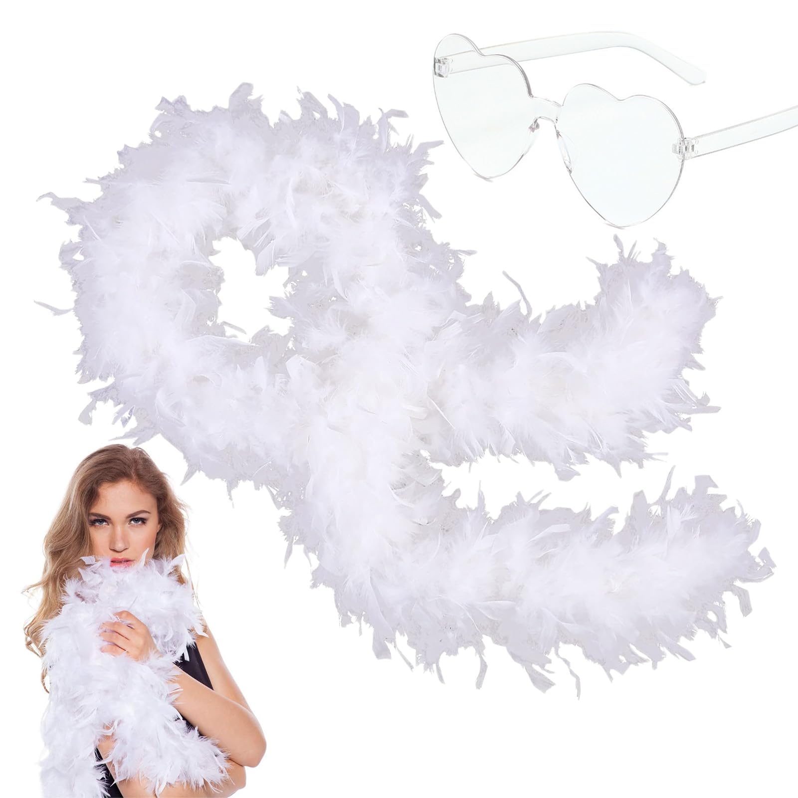 2m/6.6ft White Feather Boa for Women Girls,80g Natural Turkey Feather Boas and Heart Sunglasses Fancy Dress for Adult,Kids,Fluffy Boa Feather Scarffor Dancing Bachelor Hen Halloween Xmas Party