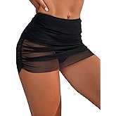 OYOANGLE Women's Mesh Sheer High Waisted Ruched Short Swim Skirt Swimsuit Bikini Bottoms