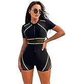 SISKIN Swim Suits for Women 2025, One Piece Tummy Control Short Sleeve Mesh Zipper Athletic Colorblock Modest Bathing Suit