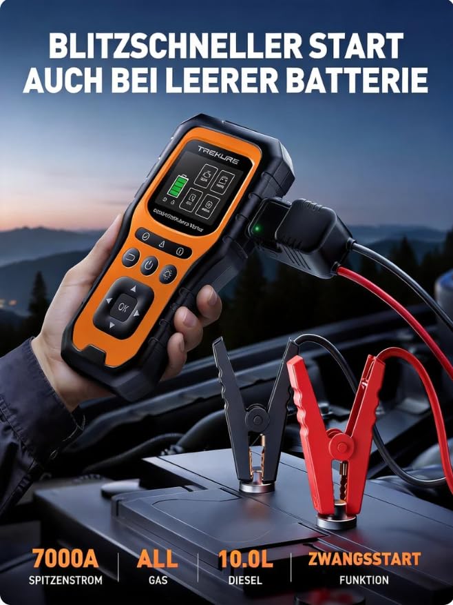 TREKURE 7000 A Jump Starter Power Bank Car with Battery Tester & OBD2 Diagnostic Device - 12 V Car Jump Starter for Petrol & Diesel up to 10.0 L, LED Light, Emergency Tool for Cars