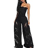 Mandonce 2 Piece Sets for Women Off Shoulder Lace Tube Top and Lace Flowy Wide Leg Pants Beach Vacation Sexy Outfit Going Out